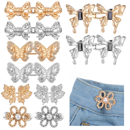 10 Sets Jean Waist Tightener, 5 Styles Jean Buttons Pant Waist Tightener for Loose Jeans Adjustable Butterfly Buckles Sets No Sew Decorative Brooch Pins Clips for Women Clothing Dresses (Gold, Silver)