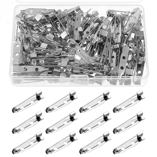 100PCS Brooch Pin Backs Replacement 1 Inch Clasp Pin Backings for Crafts, Badge, Name Tag DIY, Silver Safety Pins with 2 Holes and Metal Lapel Enamel Pin Backs Locking