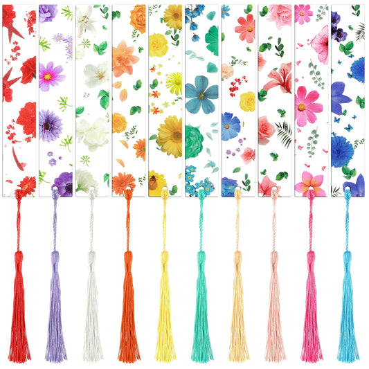 10PCS Pressed Flower Bookmark Dried Flower Resin Bookmarks Transparent Floral Bookmarks for Women Handmade Dried Flower Bookmarks with Colorful Silky Tassels Clear Resin Tassels Book Marks