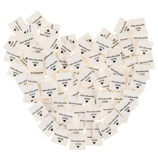 100 PCS Made with Love Tags, Sewing Labels for Handmade Items, Personalized Handmade Tags Embossed Custom Labels for Clothing DIY Crafts Knitting Crocheting Sewing Fabric Labels(2x2cm)