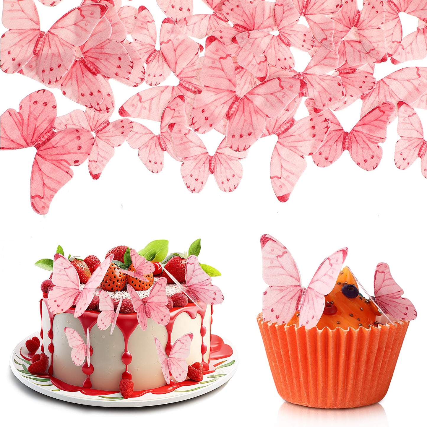 Tyqour 40Pcs Butterfly Cake Topper Butterflies Cupcake Topper Butterfly Cake Decorations for Birthday Wedding Aniversary Party Cupcakes Decorating Supplies(Pink)