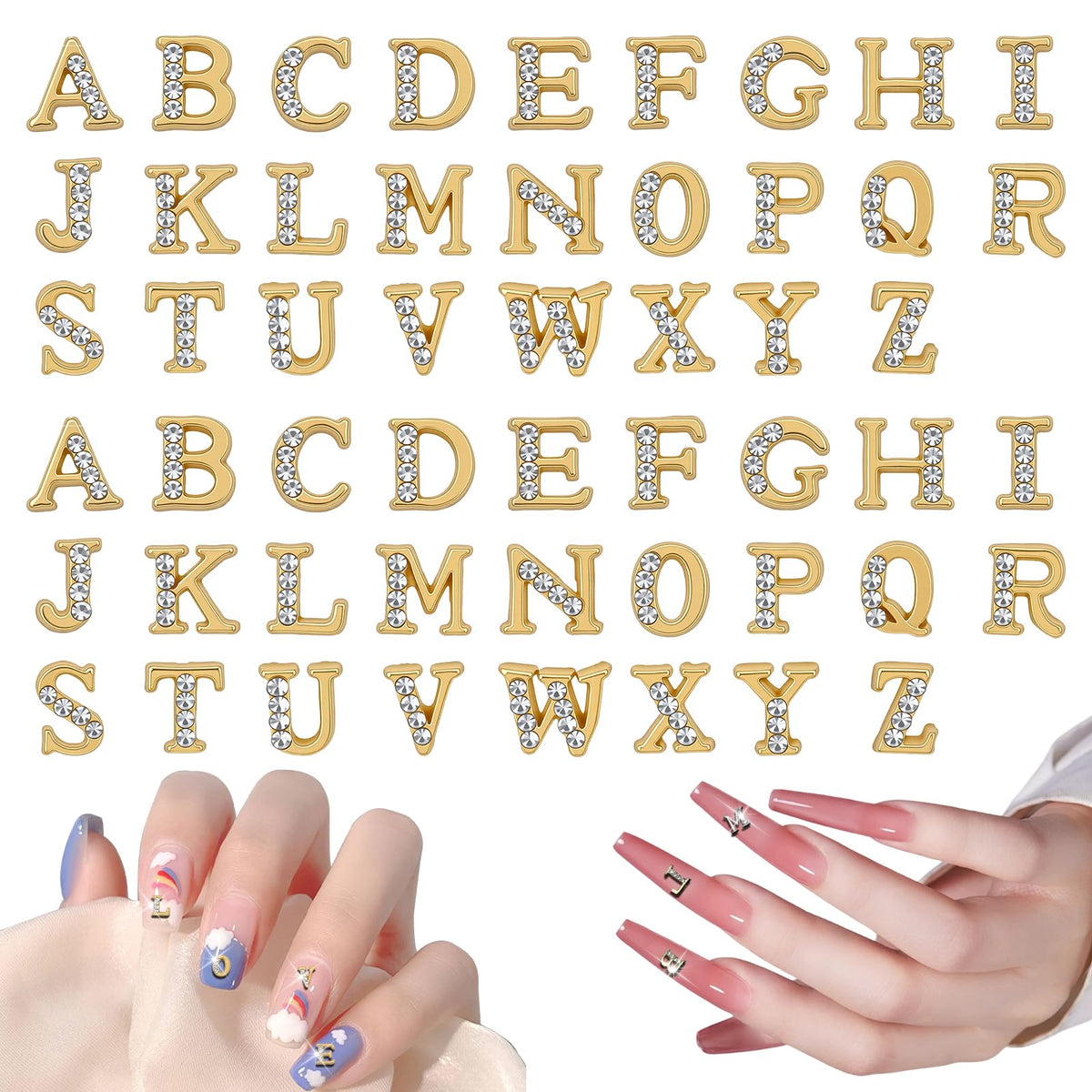 Chsoejuf 52PCS Letter Nail Art Charms 3D Gold Rhinestone Initial Charm