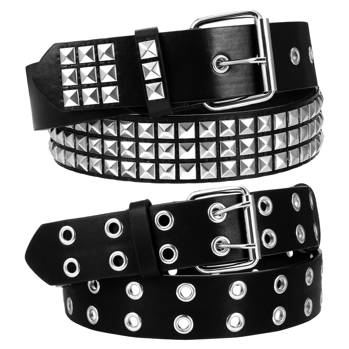 Chsoejuf 2PCS Black Studded Belt Y2K Goth Rivet Belts with Grommet Threads