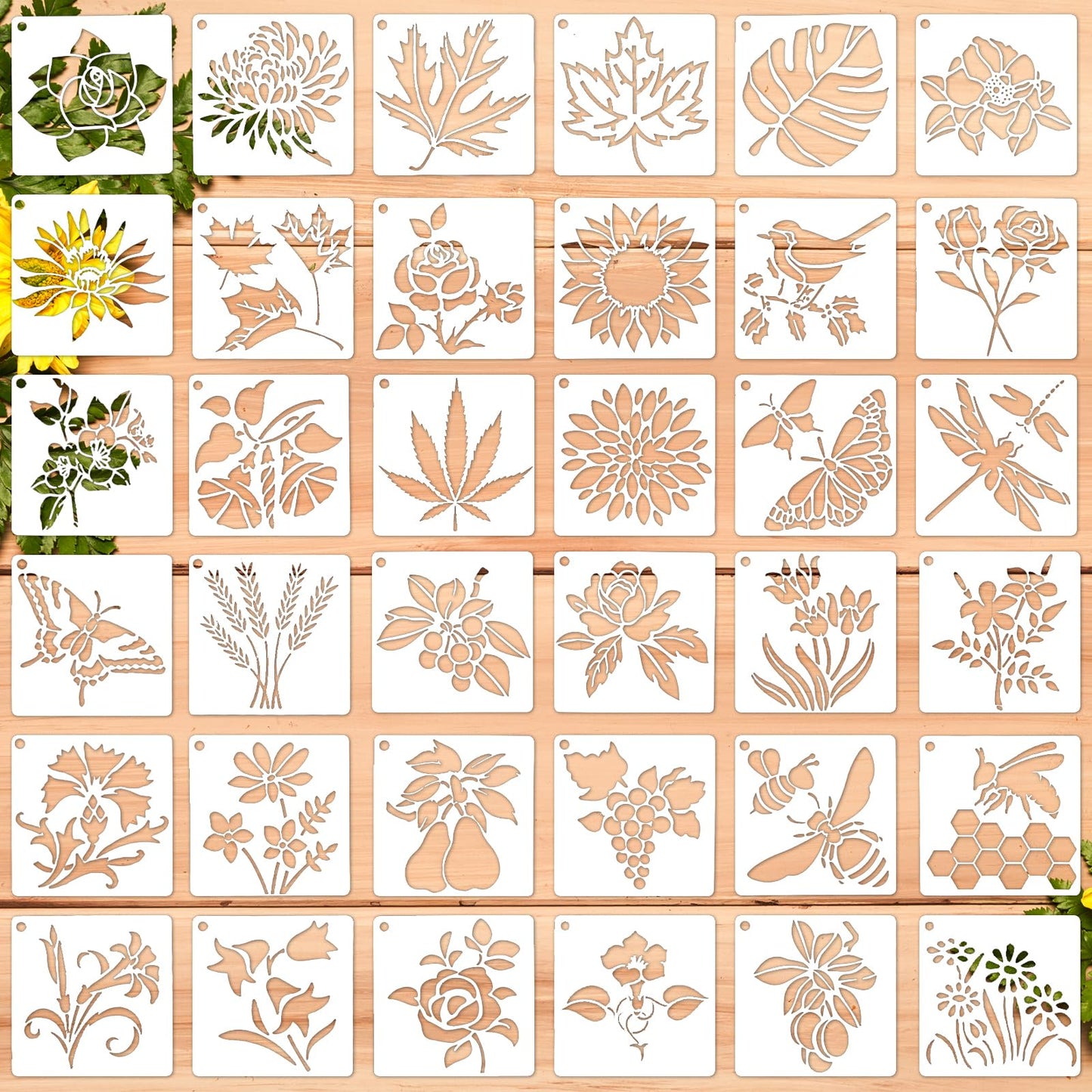 36PCS Flower Stencils for Crafts Reusable, Flower Stencils for Painting, Floral Stencil, Floral Wall Stencil, Reusable Painting Stencils, Plastic Stencils for Painting Openwork Stencil (3×3 In)