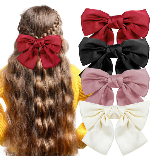 Tyqour 4pcs Hair Bows for Women Clip, Bow Hair Clips, Satin Big Bows for Women, Ponytail Holder Slides Metal Hair Clips Double Ribbon Hair Accessories