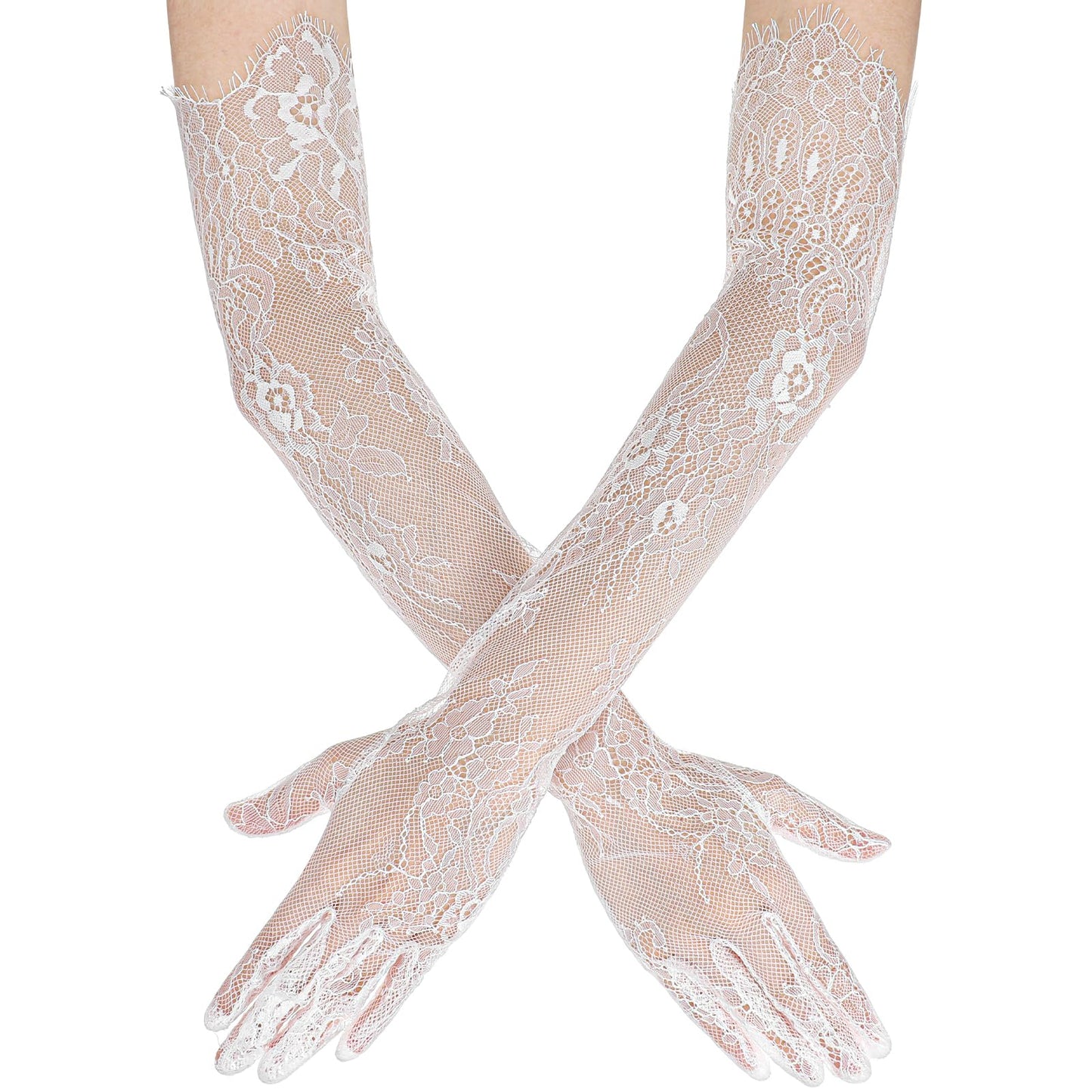 Nogeqi Long Lace Gloves White Lace Gloves Long White Flowers Lace Vintage Evening Gloves Women's 1920s Long Lace Gloves for Bride Wedding Opera Halloween Tea Party Carnival Costume