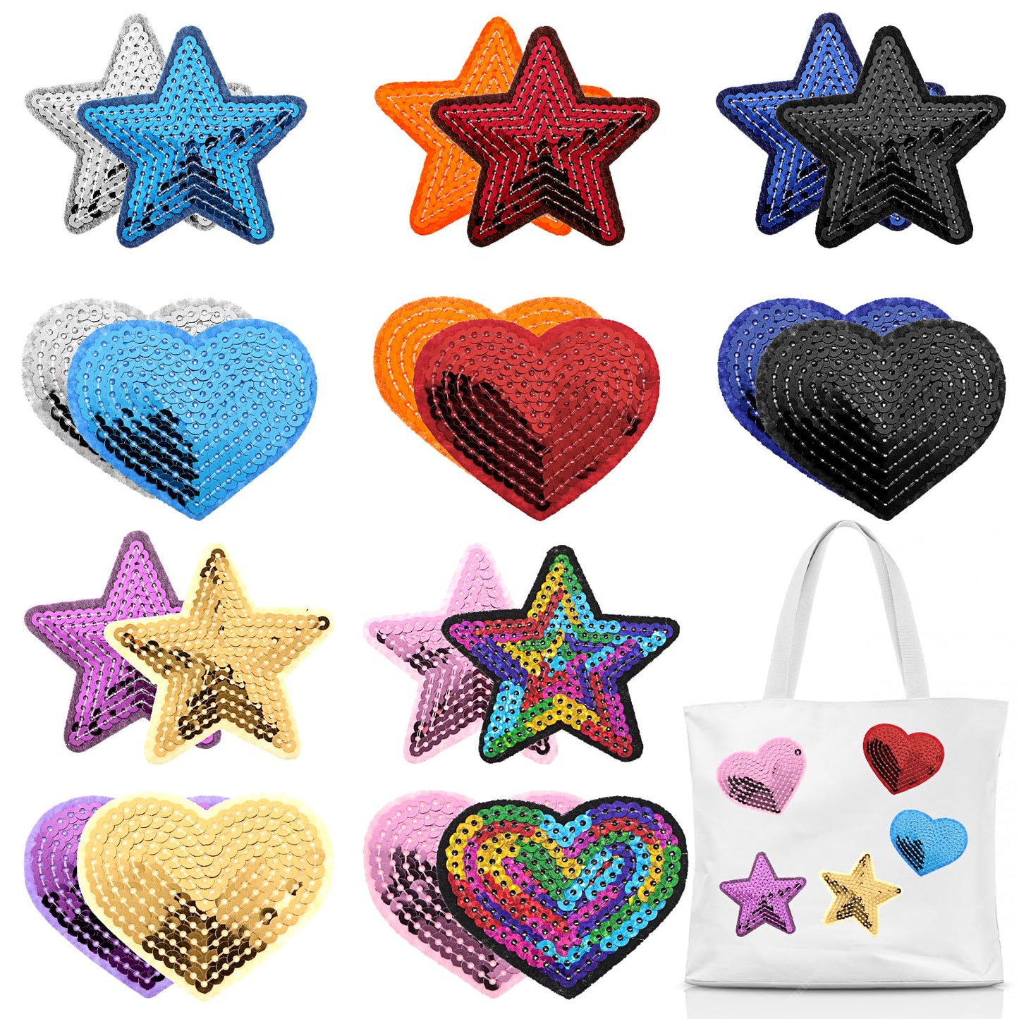 Xinjoduz 20 PCS Sequin Iron on Patches, Embroidered Patches Shiny Star and Heart Patch with Adhesive Cute Iron Patches for Clothing Jeans Jackets Backpacks Costume(10 Color)