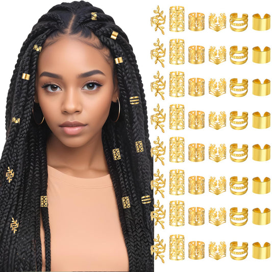 Tyqour 48pcs Gold Hair Jewelry for Braids Metal Hair Cuffs Rings Clips Charms Hair Braid Accessories for Black Women Men Dreadlock Accessory Decorations