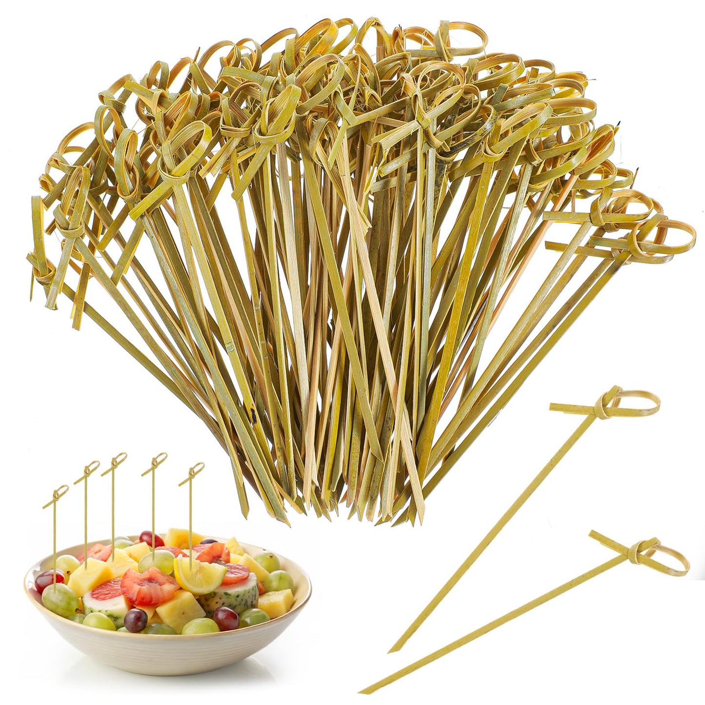 Nogeqi Pack of 200 Bamboo Wooden Skewers, Natural Wood Skewers with Decorative Knot, 12 cm Wooden Skewers, Finger Food Cocktail Skewers, Kebab Skewers for Parties, Catering, Weddings, Barbecues