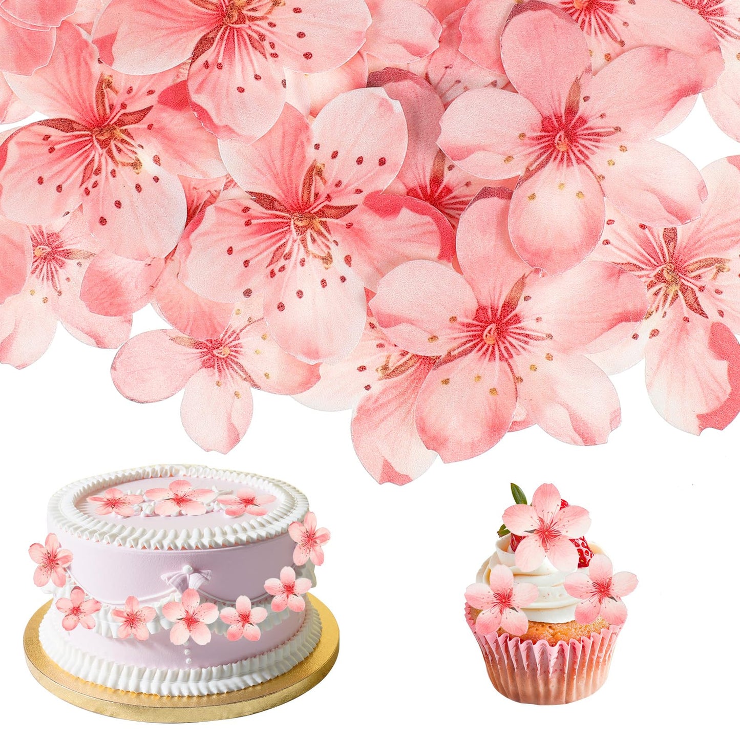 Nogeqi Edible Cherry Blossoms for Cake Decoration Edible Flowers Pink Waffle Paper for Cupcake Wedding Birthday Anniversary Cake Decoration 50pcs