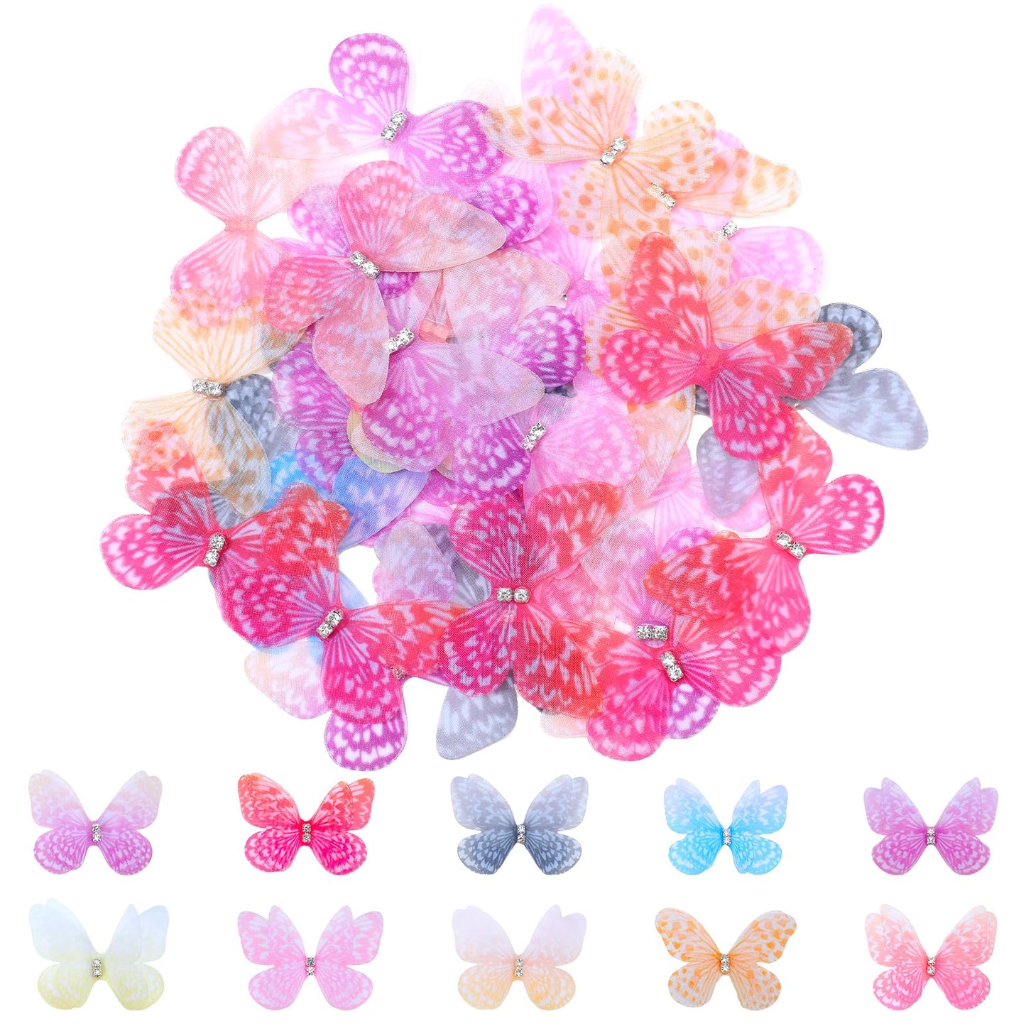 Ymapinc 60pcs Silk Butterflies for Crafts, 3D Butterfly Applique Fabric Silk Lace Tulle Ribbon Small Decorations for Fairy Women Hair Accessories, Mini Tiny Soft Hairpins Brooches DIY Photo Props