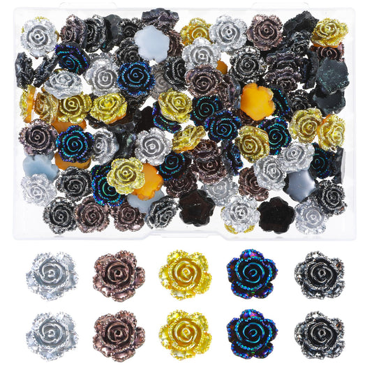 100Pcs 14mm Rose Beads Flower Beads Flower Beads for Jewelry Making Flatback Undrilled Metallic Rose Flower Cabochons No Holes Flatback Resin Floral Beads for Jewelry Making Wedding Crafting