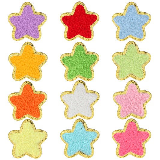 12Pcs Star Iron on Patches Chenille Patches Gold Edge Patriotic Iron on Patch Chenille Embroidery Fabric Patche Sew on Patch for DIY Bags Clothes Dress Skirts Backpacks Sew Making Arts Craft Gifts