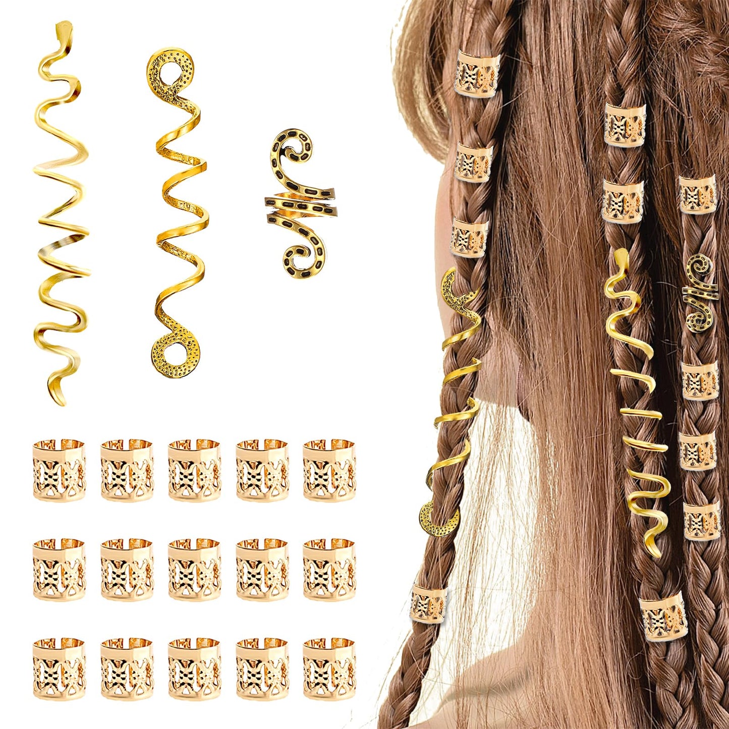 18 PCS Hair Jewelry for Braids Accessories, Multiple Styles Dreads Hair Rings Hair Cuffs Clips, Metal Locs Hair Charms for Women Halloween and Everyday Dreadlock Accessories Hair Decoration(Gold)