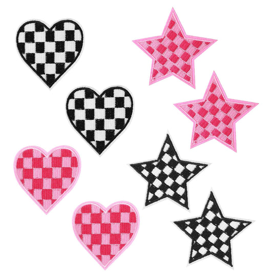 Xinjoduz 8 PCS Star Heart Iron on Patches Black Pink Racing Day Race Car Patches Sew on Patches Checkered Embroidered Flag Heart Star Appliques Iron Patches for Clothing Jeans Jackets Backpacks Crafts