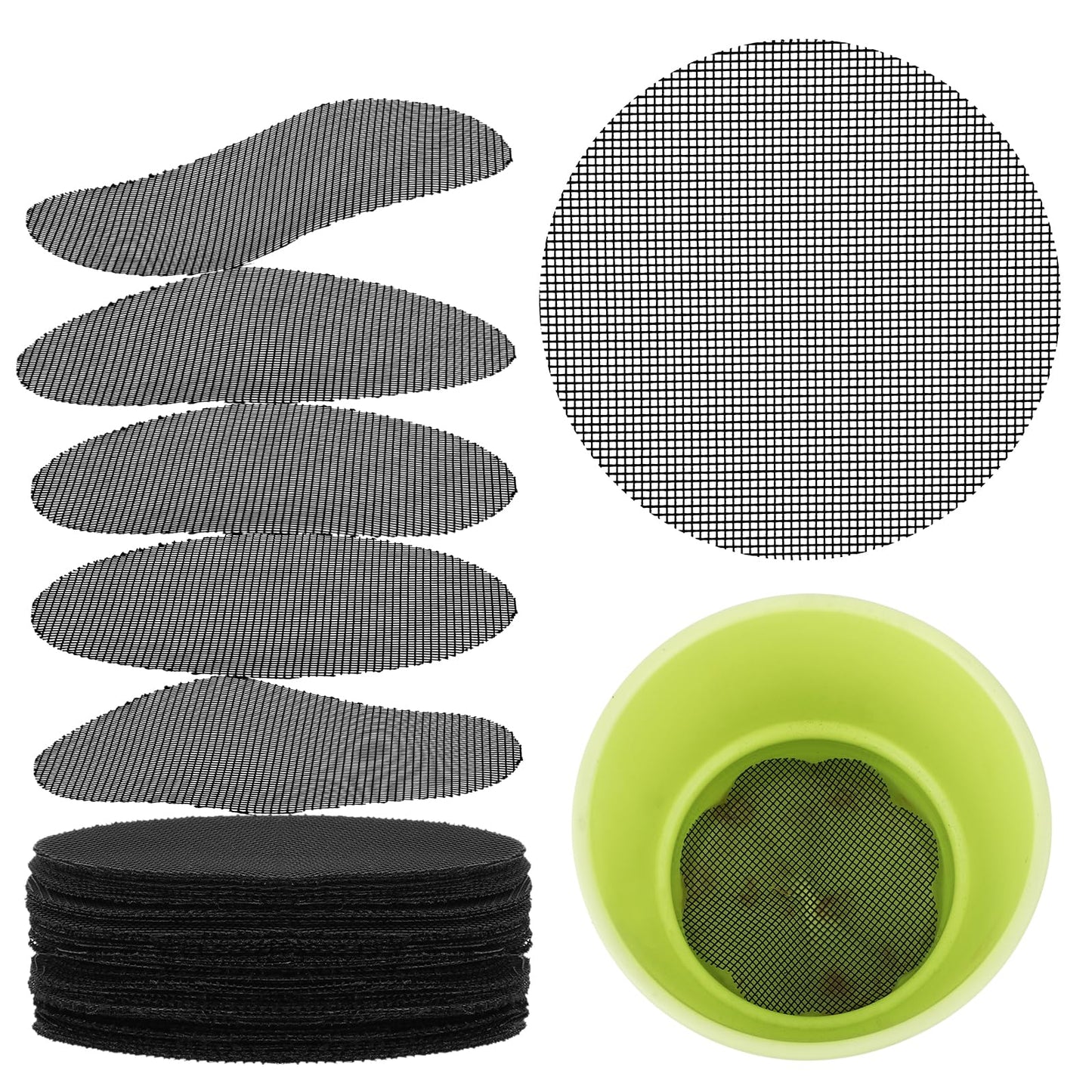 Ouligay 100pcs Rounds Plastic Mesh Sheet, 4 Inch Flower Pot Hole Mesh Pad, Bonsai Bottom Grid Mat, Plant Pot Drainage Mesh, Keep Soil From Flowing Away Diy Drainage Netting Pot