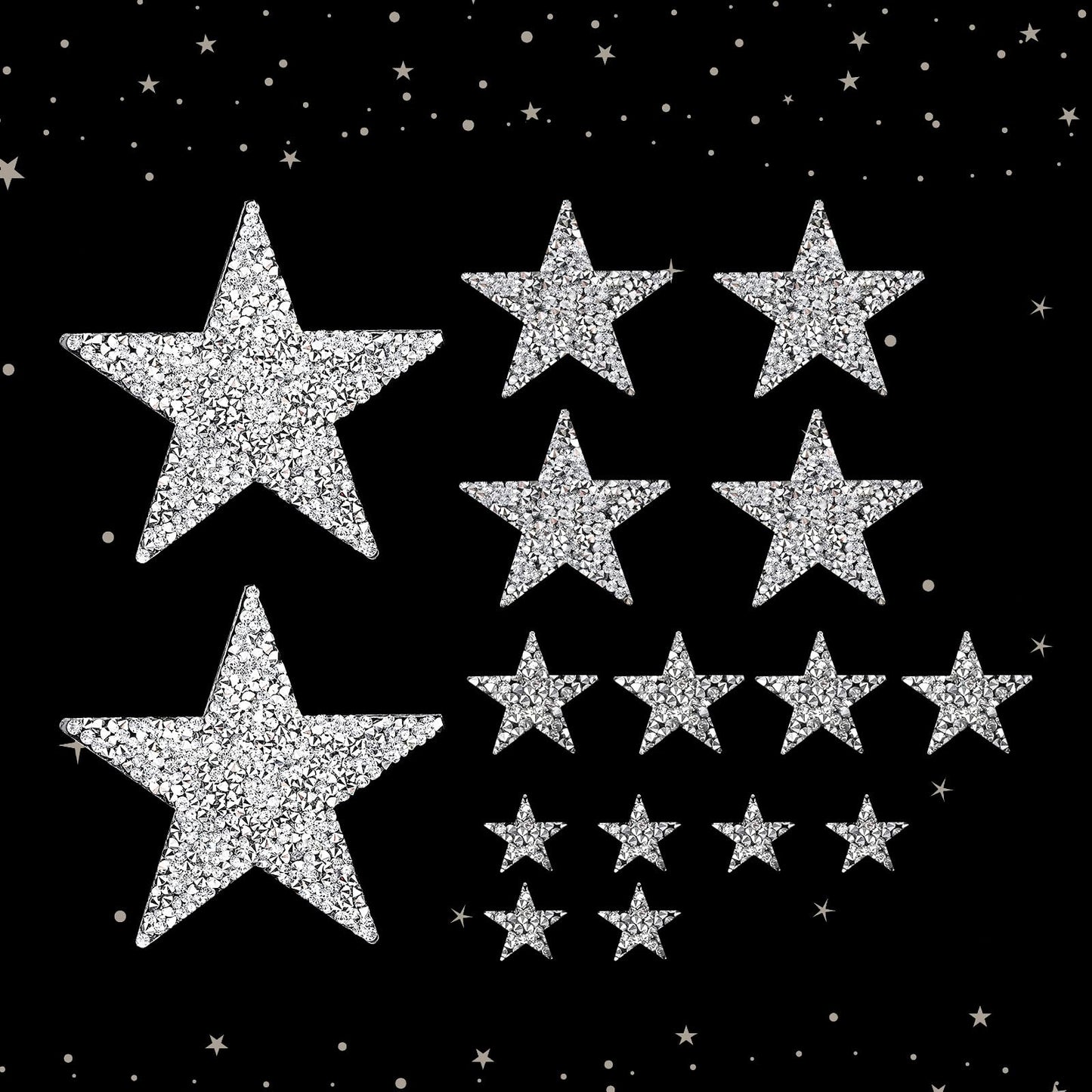 Teaaha 16PCS Iron on Stars Patches Silver Star Patches Iron on Glitter Star Patches Star Shape Applique Patches Iron on Rhinestones for Clothing Jeans Shoes Bags Hats Repair Decoration DIY Accessory