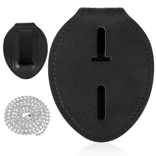 1 PCS Police Badge Holder Leather Badge Clip Law Enforcement Holder Universal Police Belt Clip with Leather Belt Buckle Hook and Stainless Steel Bead Chain (Black Oval)