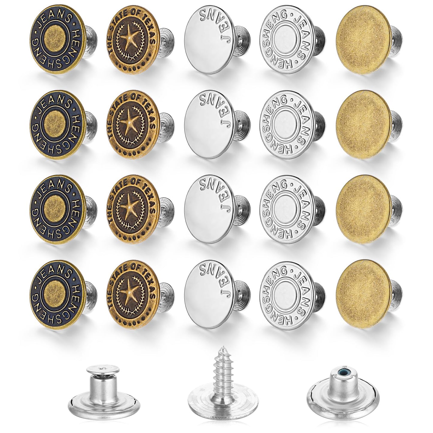 Tyqour 5 Sets of 17 mm Jeans Button Replacement No Sew Adjustable Jean Buttons for Loose Jeans Reusable Metal Pants Button Tightener for Men Women