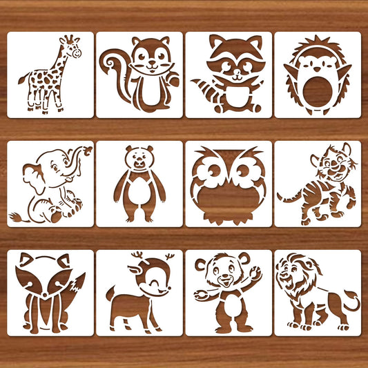 Ymapinc Pack of 12 Animal Stencils Children, Cute Animal Stencils Textile Design 13 x 13 cm Washable Plastic Painting Stencils Children for DIY Clothing Backpacks Wall Decorations Children's Painting