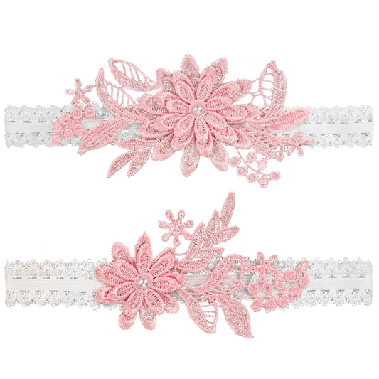 2 Pieces Bridal Lace Wedding Garters Set Pink Flower Bride Wedding Hand Sewn Lace with Floral Garter for Handmade Daisy Pearl Thigh Ring Bride Garter Prom Leg Accessories for Bride Bridesmaid