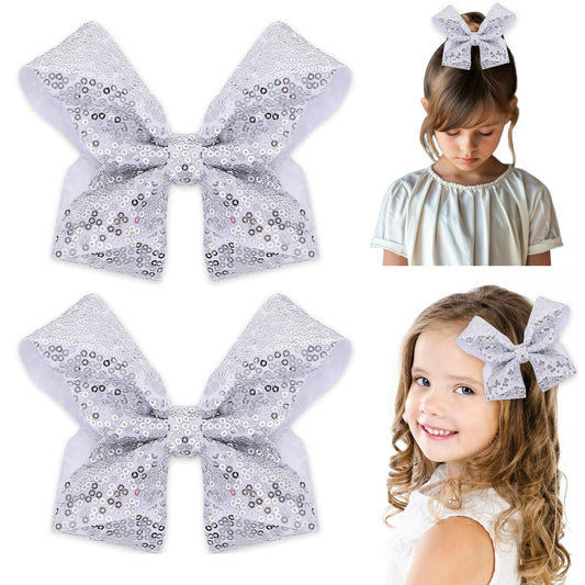 Tyqour 2pcs 5 Inch Silver Hair Bows for Girls, Glitter Bows for Girls, Silver Hair Bow Fairy Fashion Silver Sequin Bow Alligator Clips Bows for Girls Toddlers Kids Women(Silver)