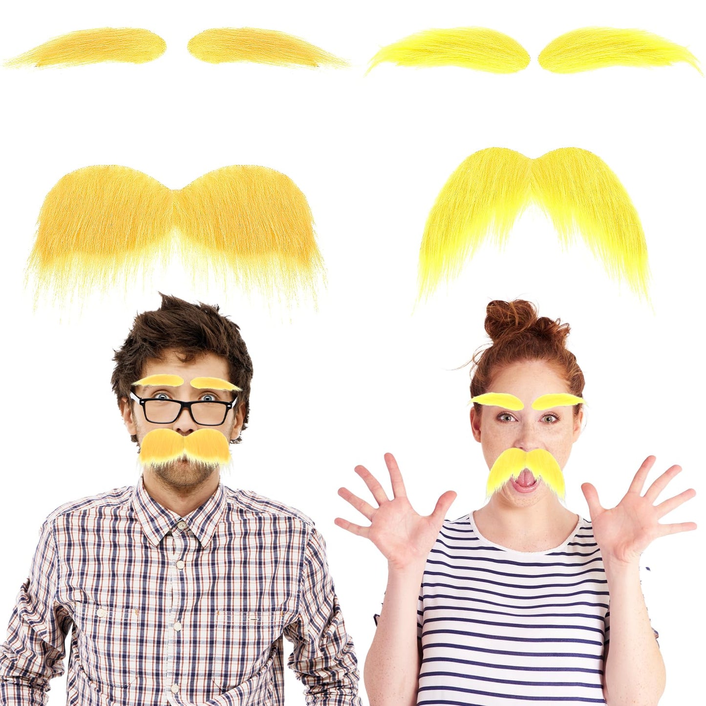 Tyqour 2Pcs Yellow Mustache and Eyebrows Self Adhesive Fake Beard Funny Novelty Moustaches Beard Facial Hair Costume Accessories for Halloween Party Favors Cosplay Costume