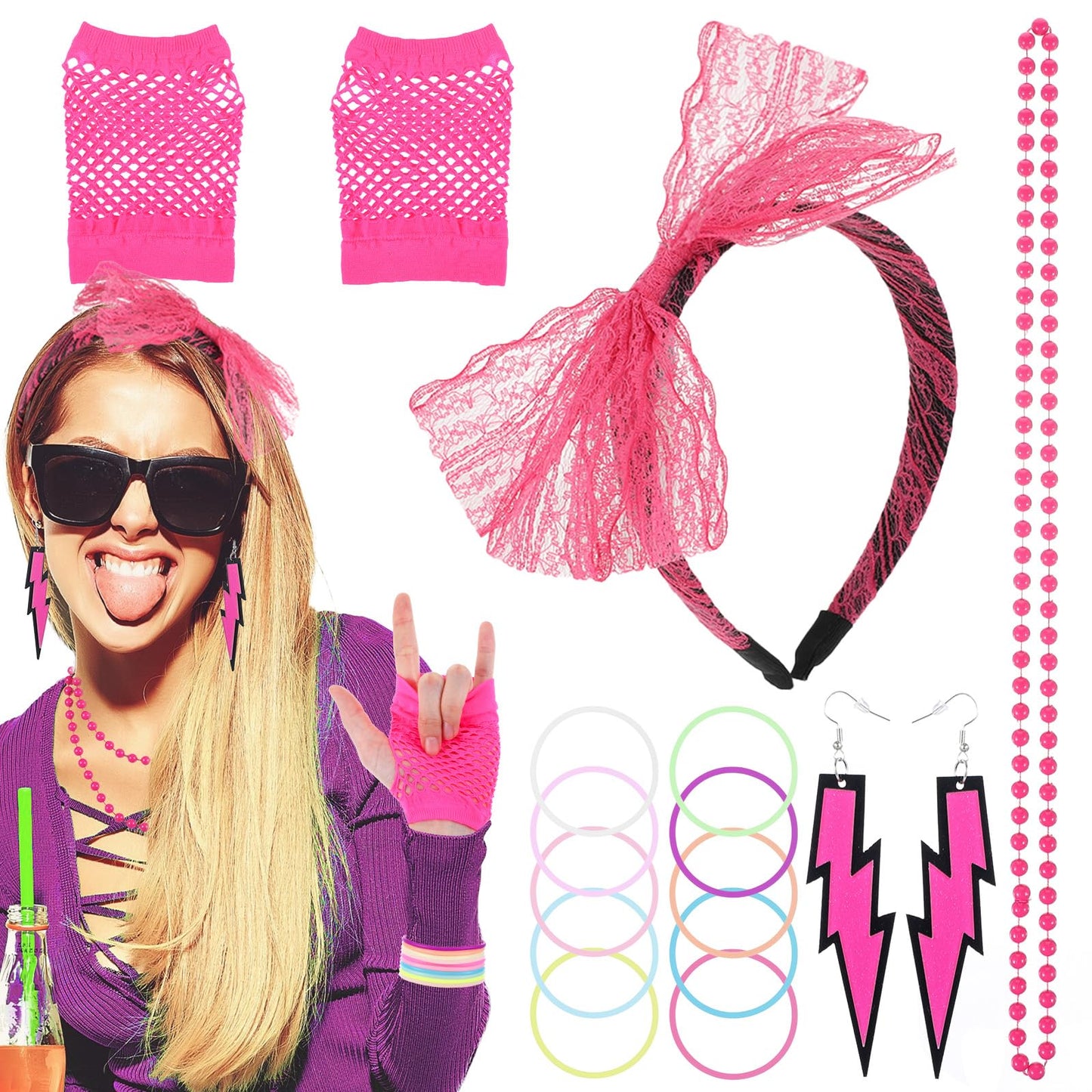 Tyqour 7Pcs 80s Fancy Dress Costume Outfits Accessories for Women, Lace Shutter Glass Headband Neon Earrings Fishnet Gloves Necklace Bracelet Party Outfit Set for 80s Retro Party Halloween