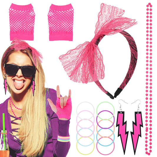Tyqour 7Pcs 80s Fancy Dress Costume Outfits Accessories for Women, Lace Shutter Glass Headband Neon Earrings Fishnet Gloves Necklace Bracelet Party Outfit Set for 80s Retro Party Halloween