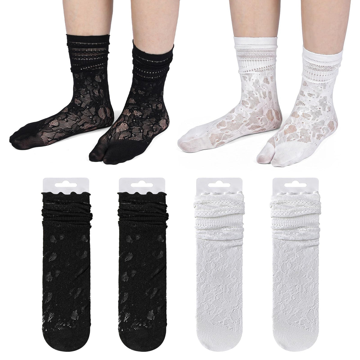 Chsoejuf 4 Pairs Sexy Lace Tabi Socks Japanese Ankle Split Two Toe Sock