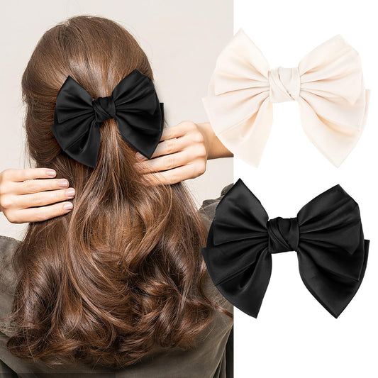 Tyqour 2pcs Satin Bow Hair Clips 7 Inch Double Layer Large Big Hair Bows, Matte Hairbows for Woman, French Style Hair Bow Clip Bowknot Hair Accessories for Women Girls Teens (Black+Apricot)