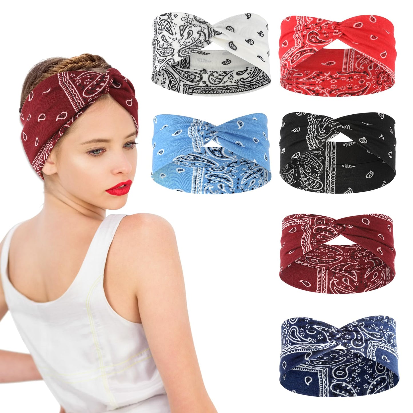 Tyqour 6 Pack Sports Headband Non Slip Hair Head Bands for Girls, Headscarf Yoga Accessories, Hair Scarf, Elastic Knotted Headband Hair Turbans Festival Hair Accessories for Women Fashion