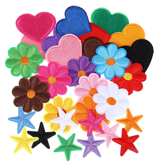 30 Pcs Embroidered Iron On Patches for Clothing Assorted Styles Flower Heart Star Applique Patches Colorful 5 Star and Heart Iron On Patches Sew On Patches for Backpacks Jackets Hats DIY Accessories