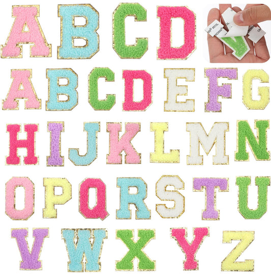 26PCS Chenille Letter Patches Self Adhesive Letter Patches A-Z Alphabet Embroidered Applique Preppy Patche with Glitter for Clothing DIY Backpacks Hat Repair（ 2.2×1.6 Inches）(Multiple Colors)