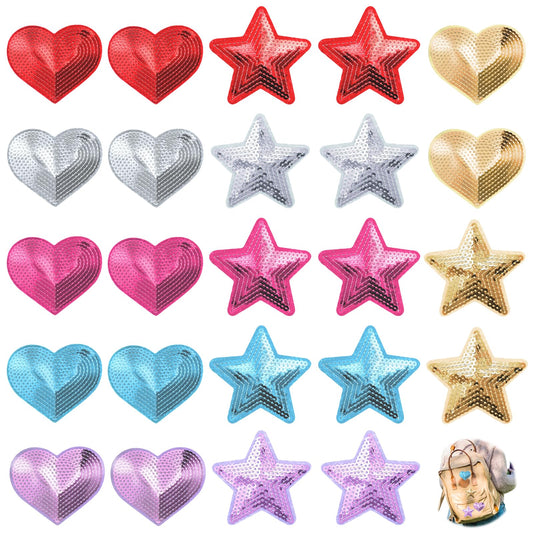 Tyqour 24pcs Sequins Heart Star Patches Iron on Small Star Heart Iron on Patches Iron on Star Patches Sequin Patches for Clothes Jeans Shoes Hats Backpacks DIY