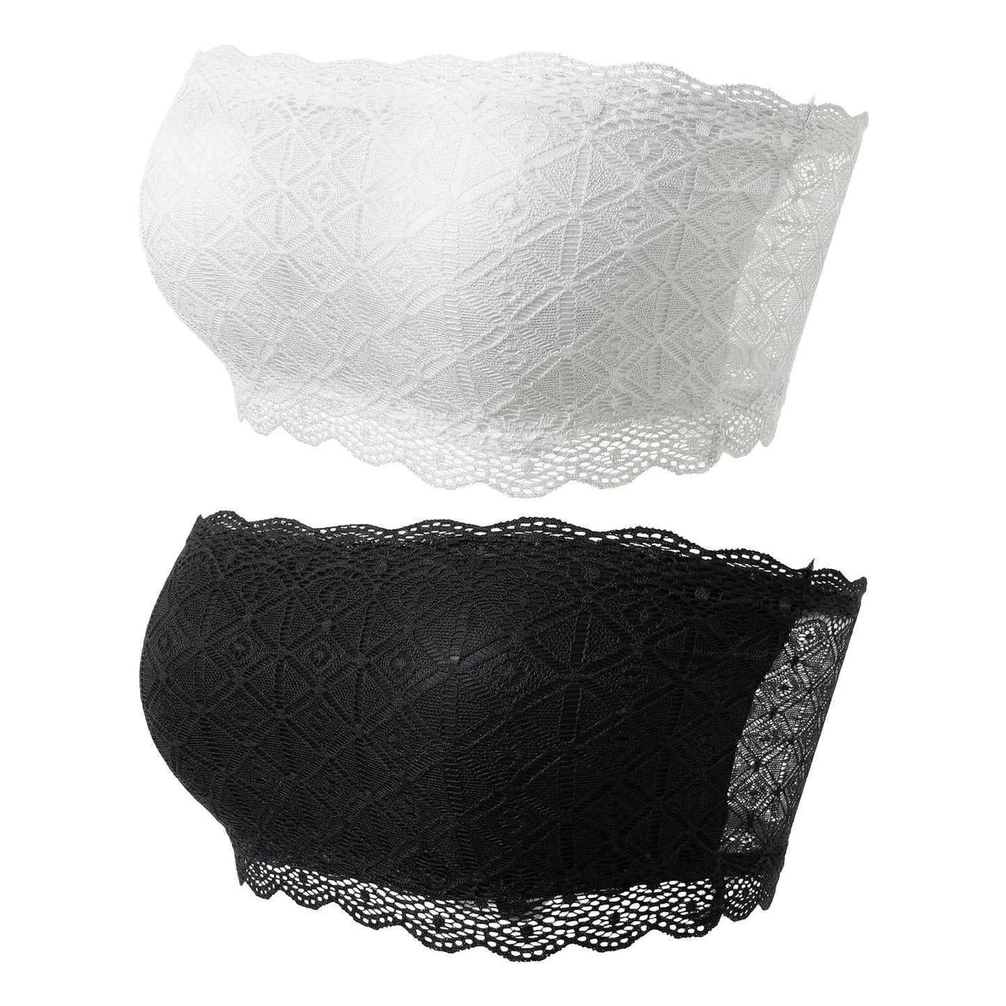 Ouligay 2 Pieces Lace Tube Top Bra, Strapless Lace Bandeau Bra for Low Cut Dress, Floral Stretch Bralette, Cleavage Cover up for Low Neckline, Strapless Bras Bandeau Top Chest Wrap (White, Black)
