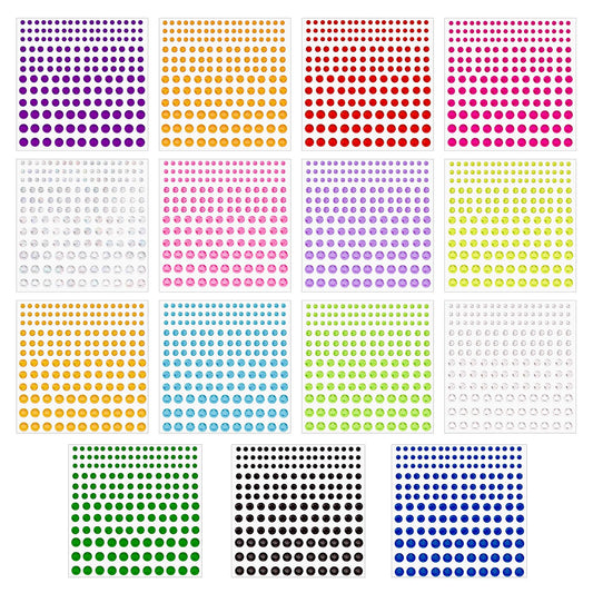 2475Pcs Self Adhesive Rhinestone Stickers, Mabor Makeup Acrylic Rhinestone Stickers 15 Colors Gems Stickers Face for DIY Craft Card Decorations, 4 Sizes (15 Sheets)