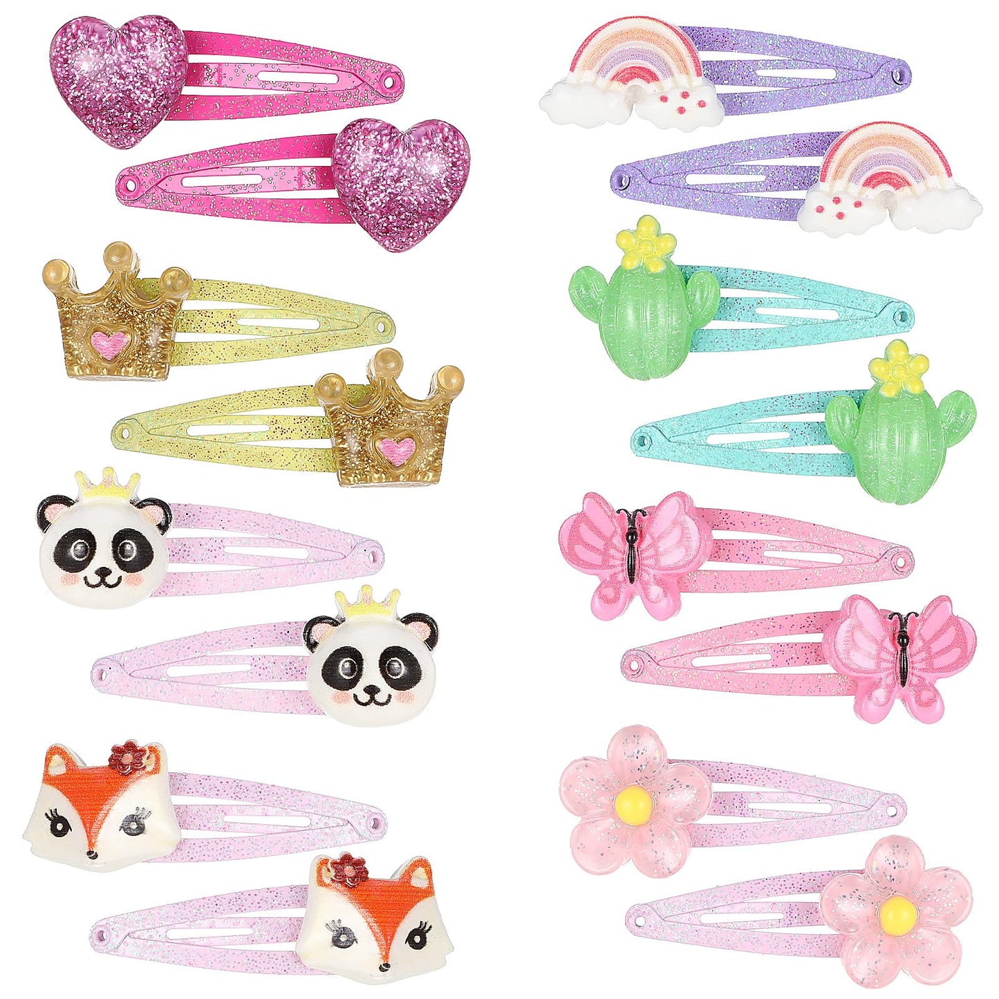 Tyqour 16Pcs Hair Clips for Girls Hair Accessories Non Slip Metal Snap Hair Clips Cute Animal Hairpin Butterfly Crown Heart Shaped Hair Accessories for Girls Women Birthday Party Supplies