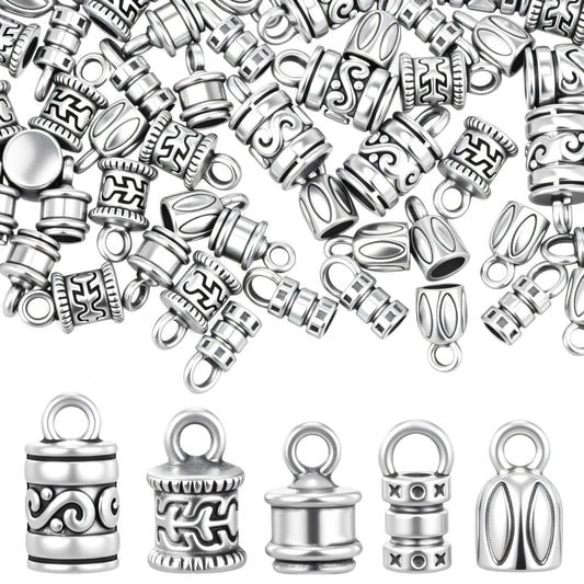 Xinjoduz 100 PCS Cord End Caps for Jewelry Making, Antique Silver Alloy Crimp Beads End Caps Terminator Ended Tube Tips with Lobster Clasps Jump Rings for DIY Crafts Bracelets & Necklaces (5 Styles)