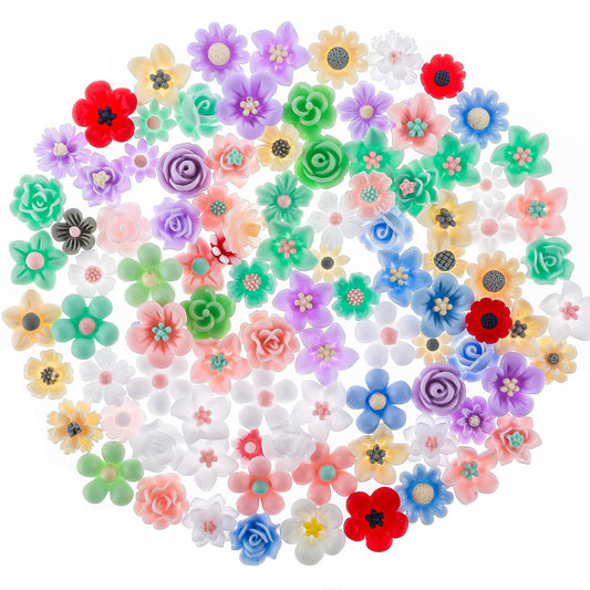 100Pcs Flatback Charms Resin Embellishments Flat Back Resin Charms Mini Resin Flower Charms Cabochons Embellishment Assorted Resin Flowers Charms for DIY Craft Scrapbooking Hair Clip Decor