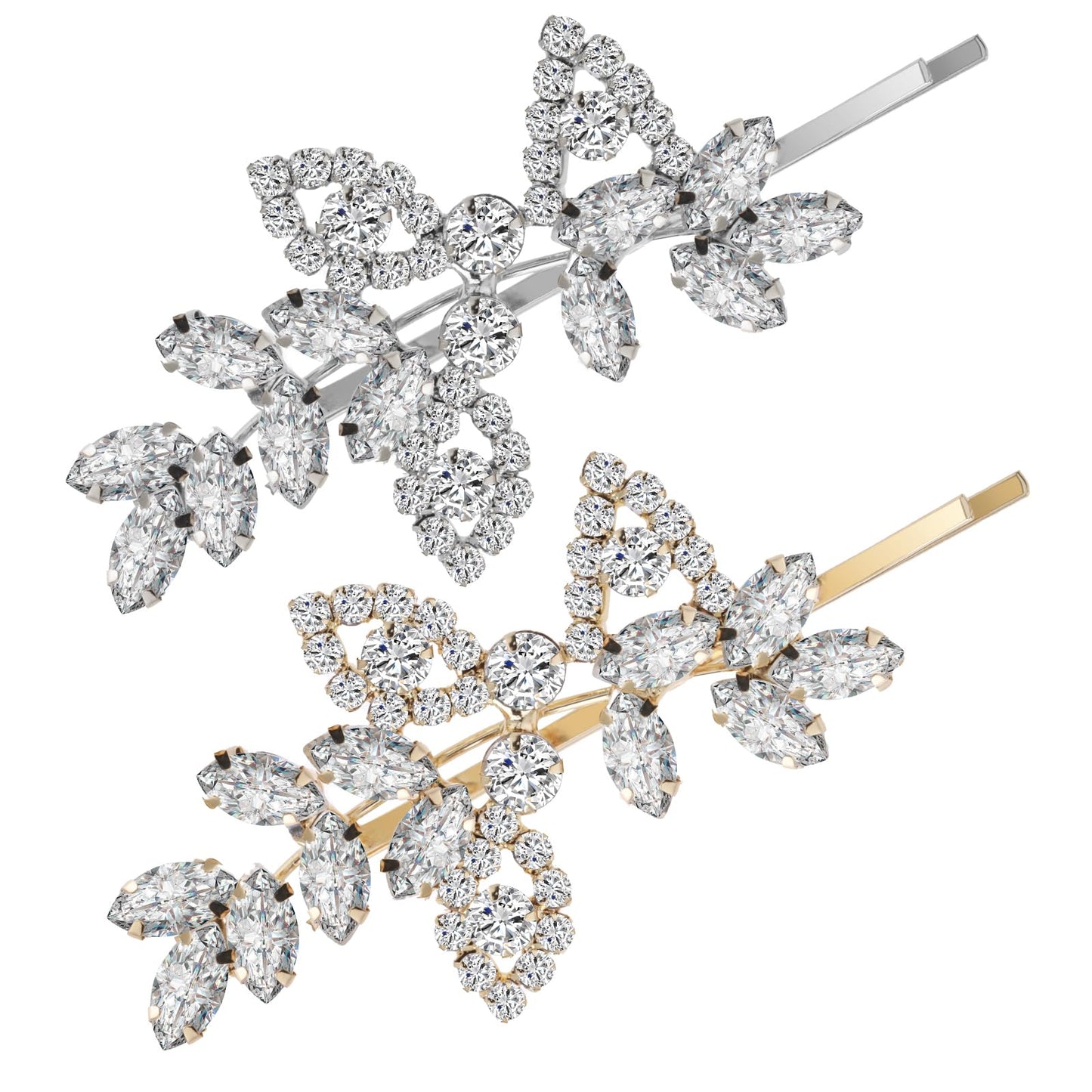 2 Pieces Diamante Hair Clips for Women, Bridal Wedding Leaf Hair Clip, Elegant Hair Pieces for Brides Rhinestone Hair Clips for Women,Leaf Rhinestone Hair Pins for Women Girls(Gold Silver)