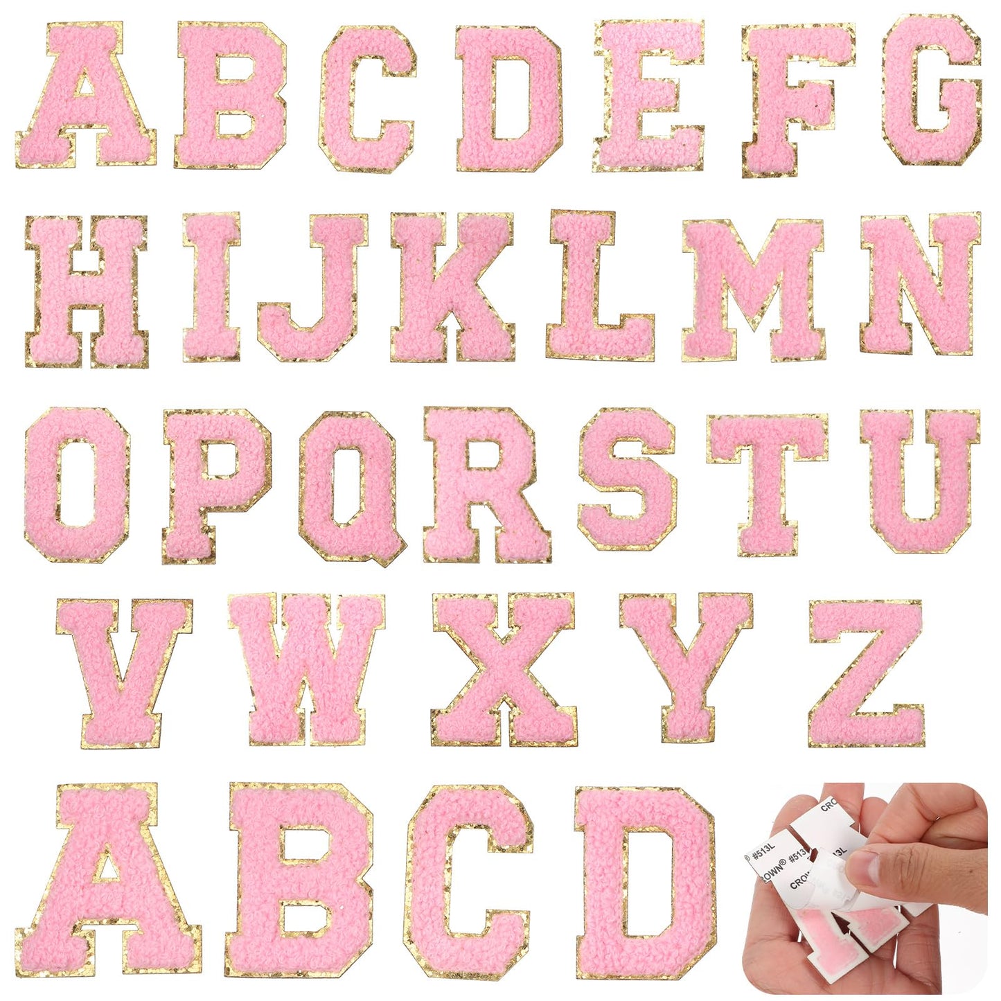 26 PCS Iron on Letters for Clothing, Chenille Letter Patches 2 Inch A-Z Glitter Letter Iron on Patches Chenille Embroidered Alphabet Patches for Clothing Sweatshirt Jackets Hat (Pink, Gold)