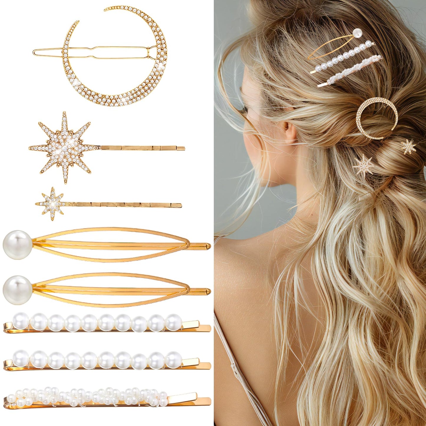 8 Pcs Silver Hair Accessories Star Hair Clips Rhinestone Moon Clip Crystal Decorative Bobby Pin Bride Wedding Pins Side Clip Accessories Metal Alloy Wedding Prom Party Celestial For Wom