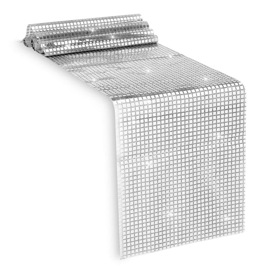 11.8 × 70.8 Inches Silver Table Runners Disco Table Runner Sequin Table Runner Mirror Silver Foil Table Runner Sparkle Sequin Tablecloth for 70s 80s Disco Dance Party Bachelorette Wedding Decor