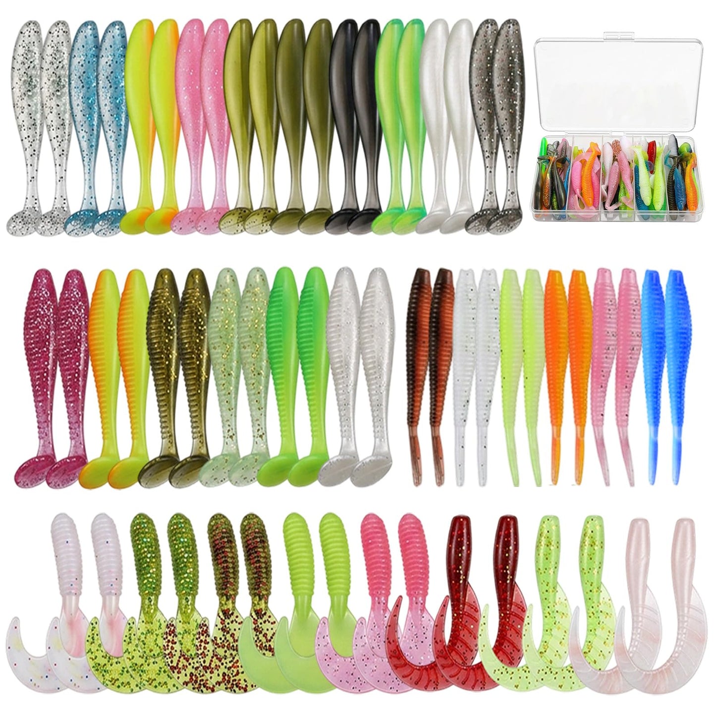 Nogeqi 60 Pcs Paddle Tail Swimbaits, Soft Plastic Fishing Lure