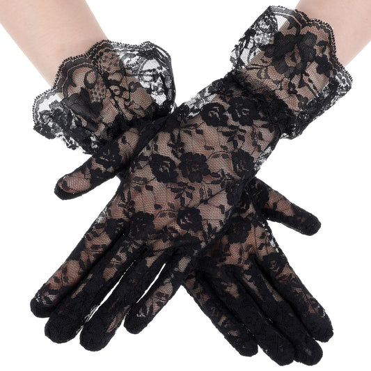 Tyqour Black Tea Party Gloves, Lace Gloves Women, Elegant Black Gloves Costume, Vintage Short Opera Gloves, Mesh Gloves for Opera Wedding Dinner 1920s Party