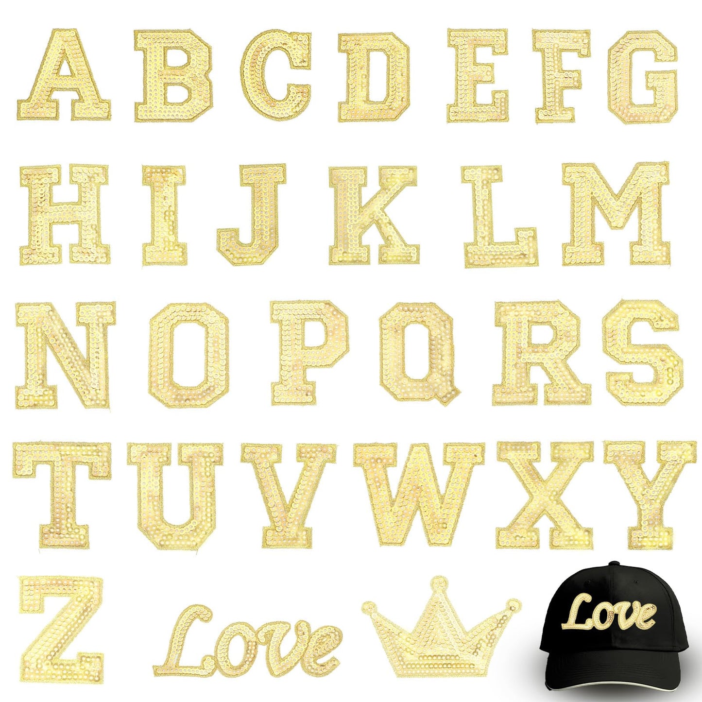 28 Pcs Sequin Iron On Letters Glitter Sew Hotfix Letter Patches A-Z Alphabet Sequin Letter Patches Sparkle Iron On Letters for Hats Bags Shirts Shoes DIY Craft Supplies(Gold)
