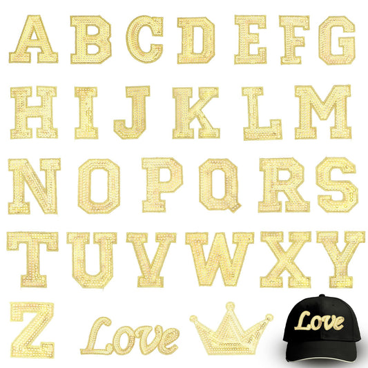 28 Pcs Sequin Iron On Letters Glitter Sew Hotfix Letter Patches A-Z Alphabet Sequin Letter Patches Sparkle Iron On Letters for Hats Bags Shirts Shoes DIY Craft Supplies(Gold)