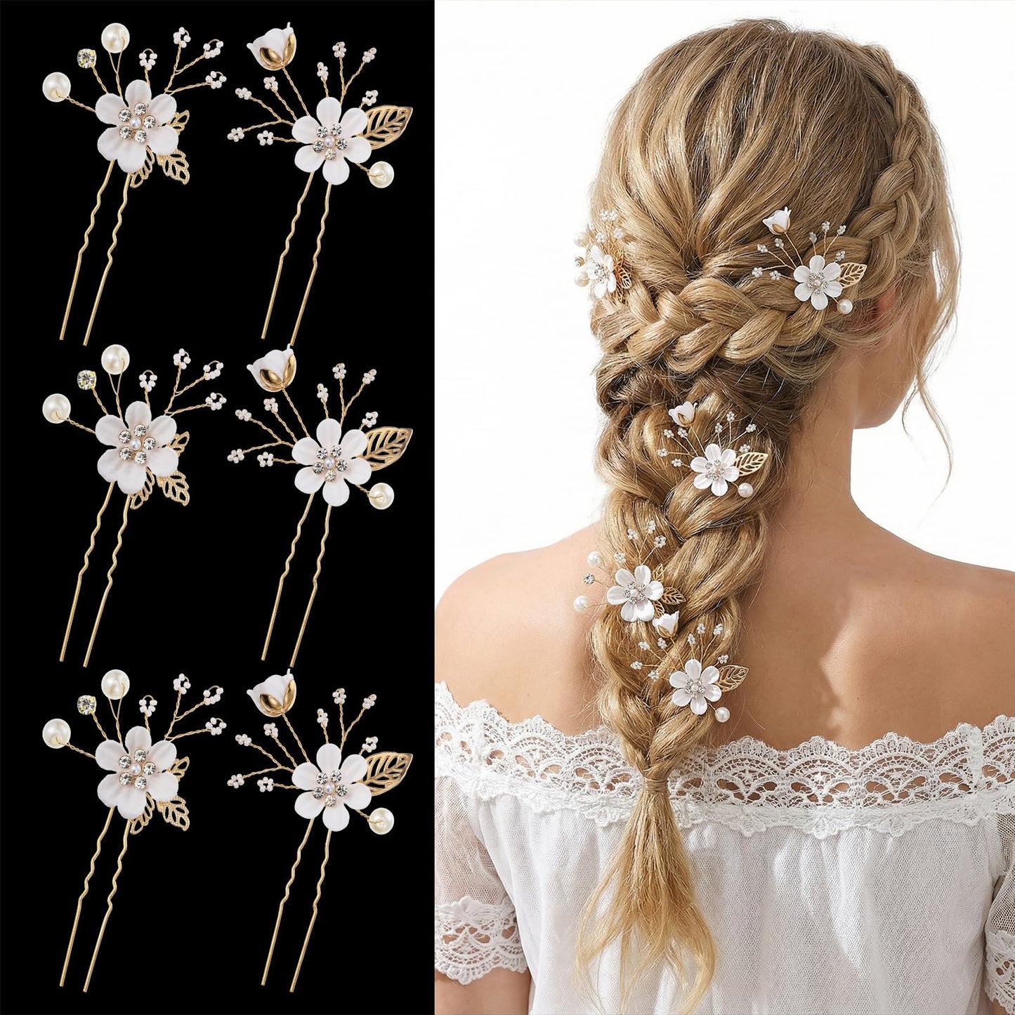 Nogeqi 6 Pcs Gold Wedding Hair Pieces For Brides, Flower Bridal Hair Pins, Crystal Pearl Hairs Pins Jewelry For Bride Bridesmaids Girls Women Updo