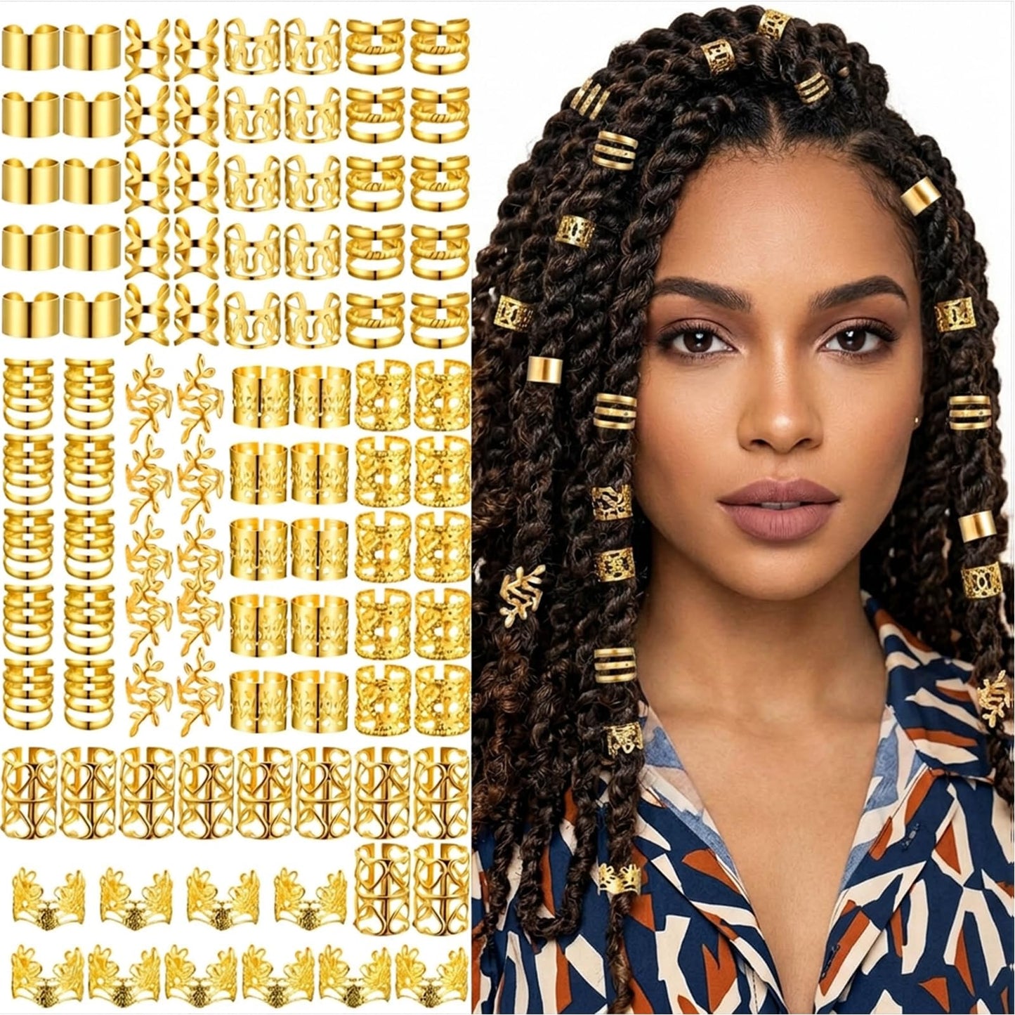 Nogeqi Pack of 100 Gold Hair Accessories for Braids, Dreadlocks Jewellery, Gold Adjustable Pirate Jewellery, Hair Rings for Braids, Hair Jewellery for Braids, Men, Women, Girls, Boys